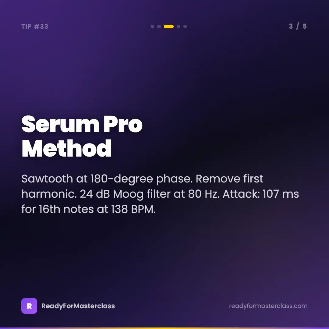 Trance Tip 33 slide 3 — The Serum sub-bass method: sawtooth at 180-degree phase, 24 dB Moog filter at 80 Hz