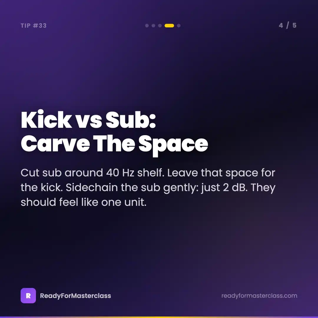 Trance Tip 33 slide 4 — Kick versus sub: carve the space with a 40 Hz shelf and gentle 2 dB sidechain