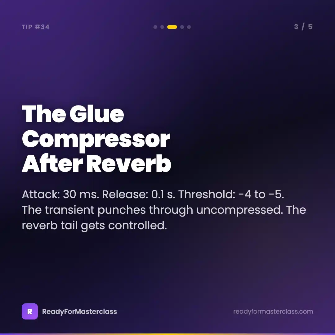 Trance Tip 34 slide 3 — The Glue Compressor after reverb: 30 ms attack, 0.1 s release, -4 to -5 threshold