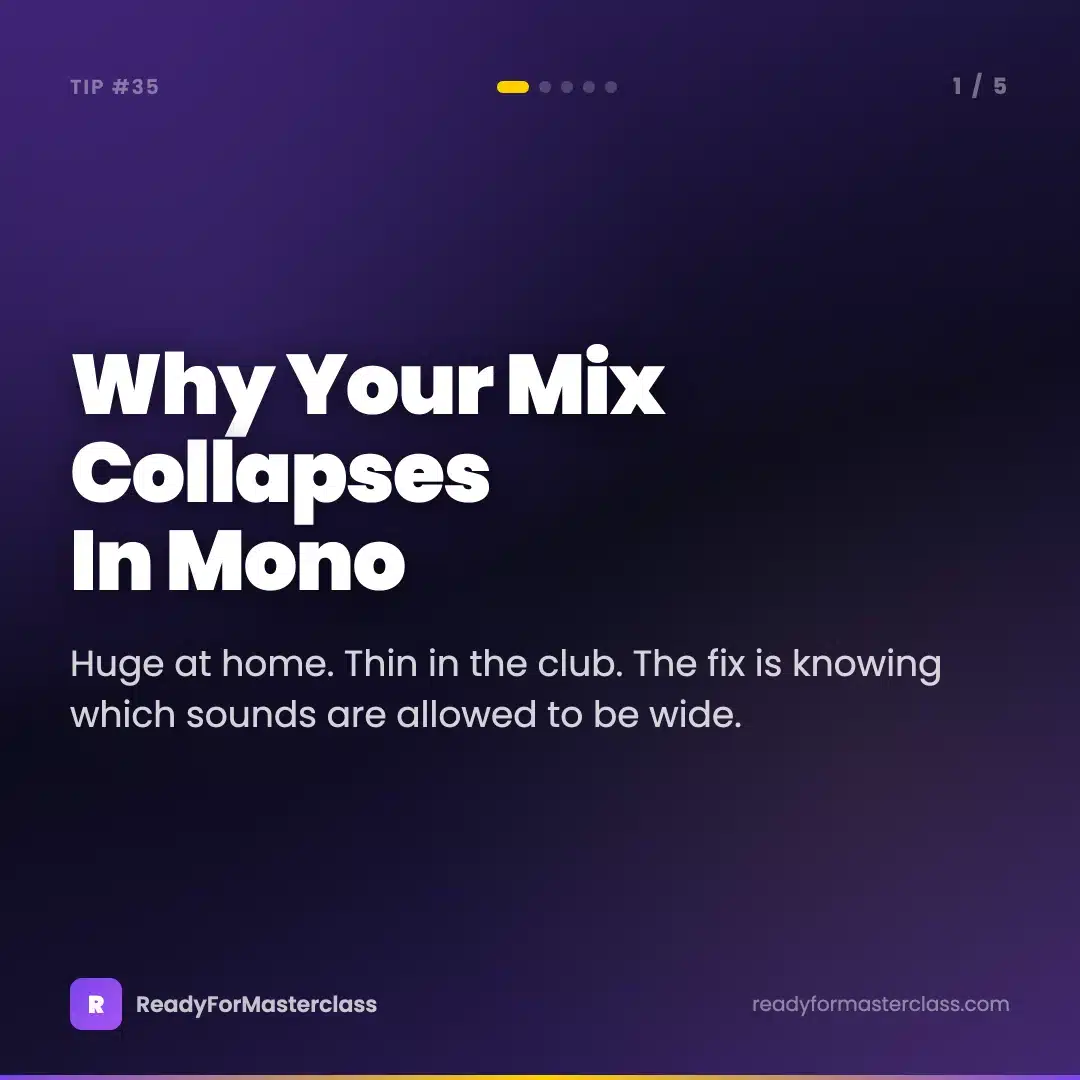 Trance Tip 35 slide 1 - Why your mix collapses in mono and the width rules that prevent it